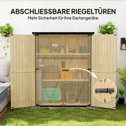 Garden Cabinet, Equipment Shed made of Wood, Weatherproof Equipment Cabinet with 2 Doors, Shelves, Tool House with Asphalt Roof, Tool Cabinet for Garden, Terrace, 140 x 74 x 173 cm, Natural Wood