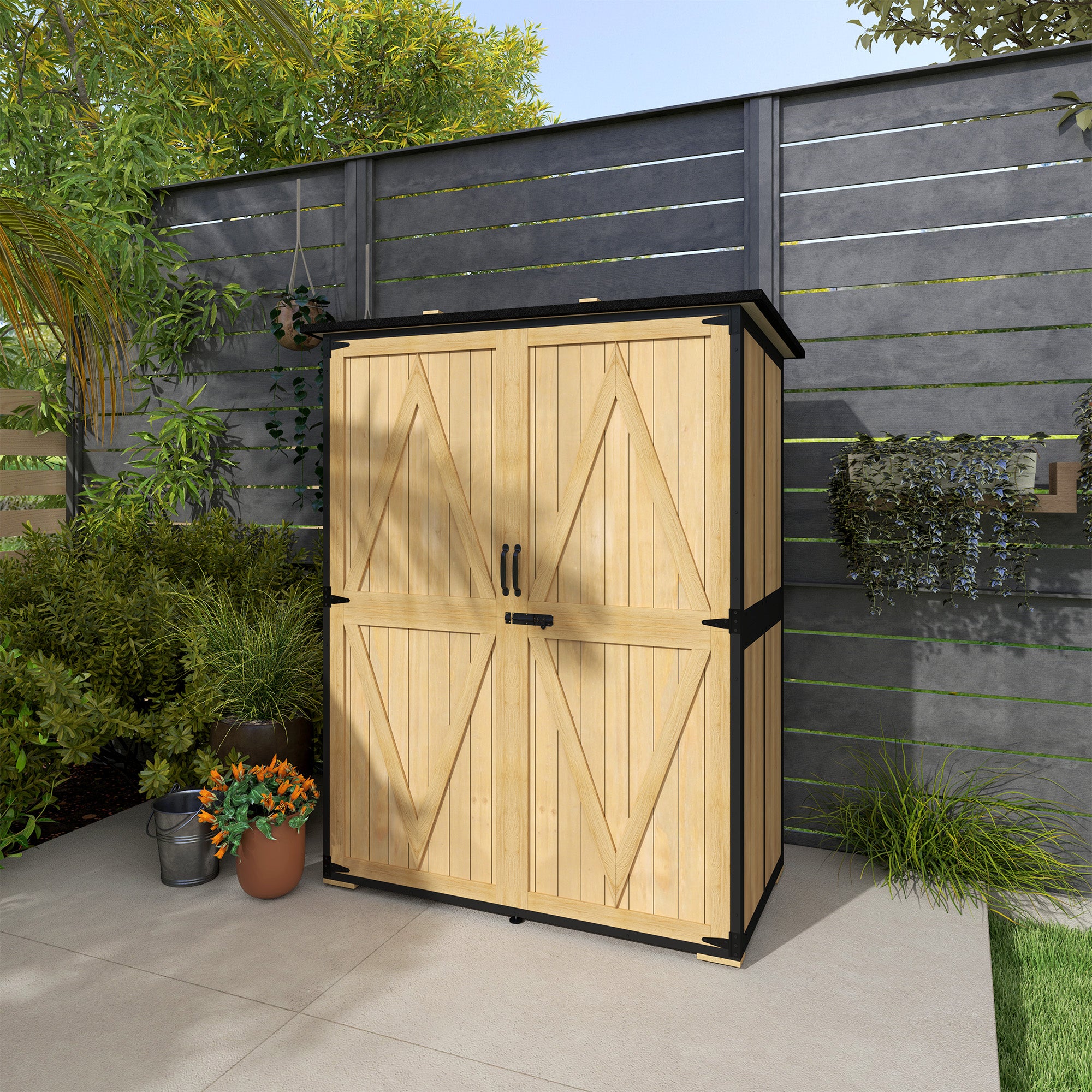 Garden Cabinet, Equipment Shed made of Wood, Weatherproof Equipment Cabinet with 2 Doors, Shelves, Tool House with Asphalt Roof, Tool Cabinet for Garden, Terrace, 140 x 74 x 173 cm, Natural Wood