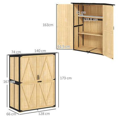 Garden Cabinet, Equipment Shed made of Wood, Weatherproof Equipment Cabinet with 2 Doors, Shelves, Tool House with Asphalt Roof, Tool Cabinet for Garden, Terrace, 140 x 74 x 173 cm, Natural Wood