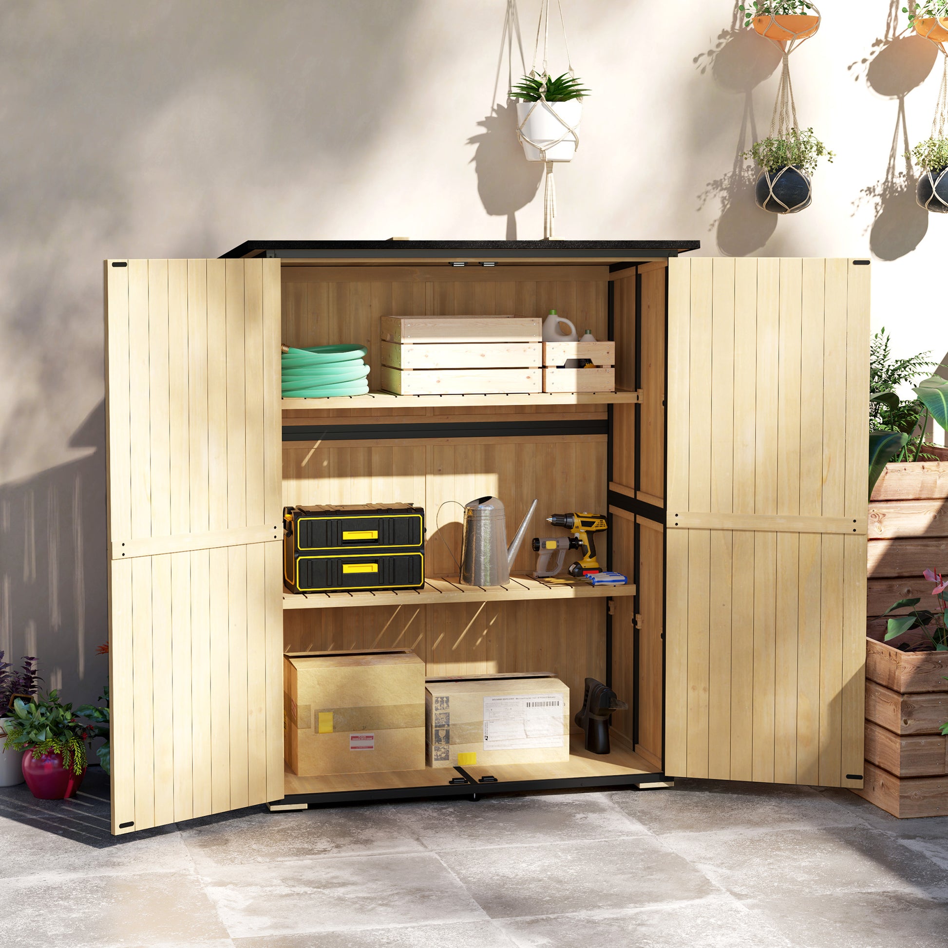 Garden Cabinet, Equipment Shed made of Wood, Weatherproof Equipment Cabinet with 2 Doors, Shelves, Tool House with Asphalt Roof, Tool Cabinet for Garden, Terrace, 140 x 74 x 173 cm, Natural Wood