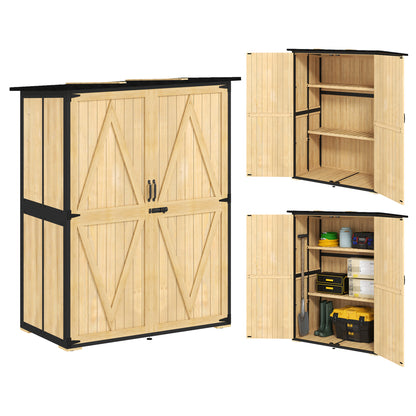 Garden Cabinet, Equipment Shed made of Wood, Weatherproof Equipment Cabinet with 2 Doors, Shelves, Tool House with Asphalt Roof, Tool Cabinet for Garden, Terrace, 140 x 74 x 173 cm, Natural Wood