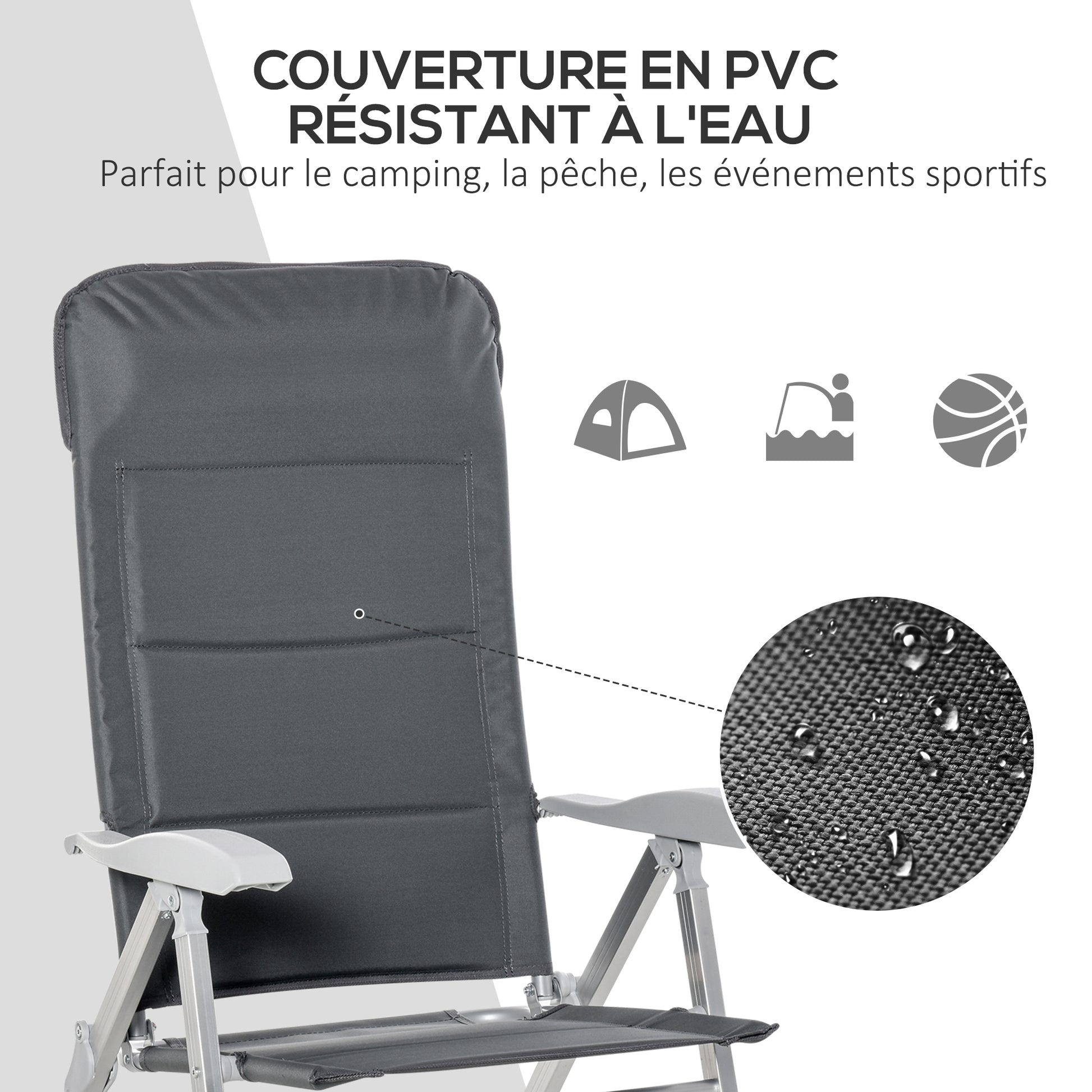 Set of 2 folding garden chairs outdoor high back reclining multi-position armchair headrest aluminum water-repellent Oxford gray
