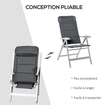 Set of 2 folding garden chairs outdoor high back reclining multi-position armchair headrest aluminum water-repellent Oxford gray