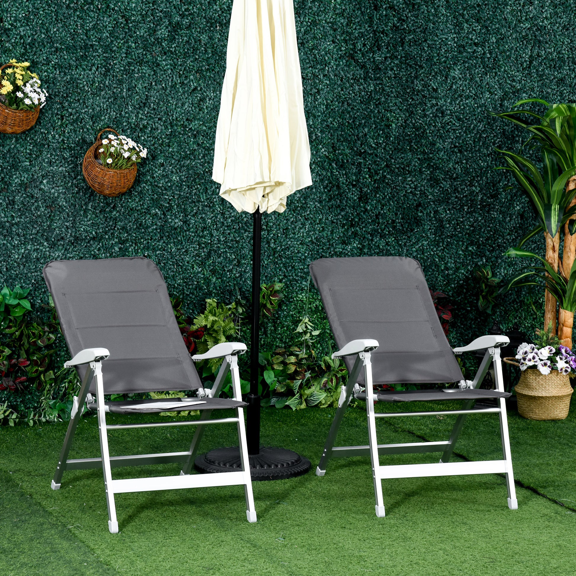 Set of 2 folding garden chairs outdoor high back reclining multi-position armchair headrest aluminum water-repellent Oxford gray