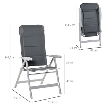 Set of 2 folding garden chairs outdoor high back reclining multi-position armchair headrest aluminum water-repellent Oxford gray