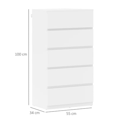 Dresser Sideboard with 5 Drawers Cloth Cabinet Modern Drawer Cabinet for Living Room Bedroom Hallway White, 55 x 34 x 100 cm