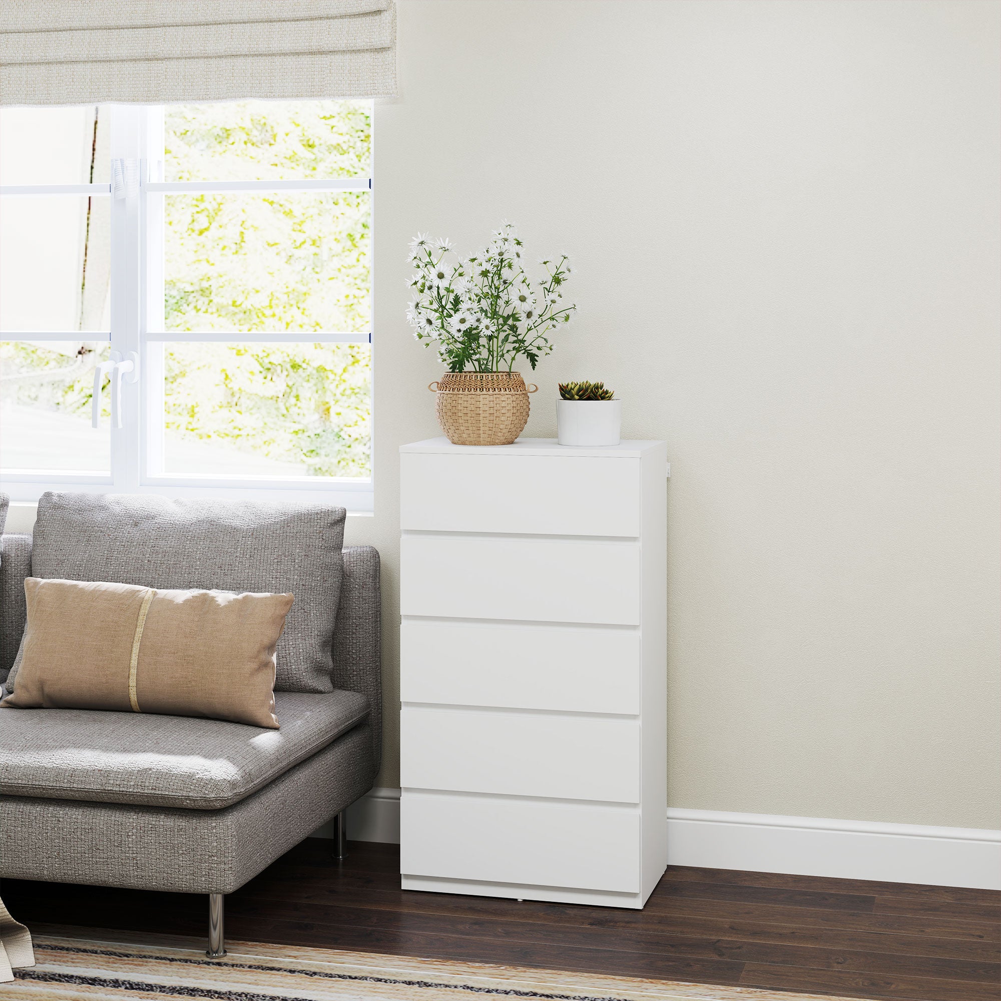 Dresser Sideboard with 5 Drawers Cloth Cabinet Modern Drawer Cabinet for Living Room Bedroom Hallway White, 55 x 34 x 100 cm