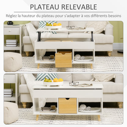 Rectangular coffee table with lift top, 1 drawer, 2 compartments, and chest - in light wood and white finish - dim. 100L x 50W x 49H cm