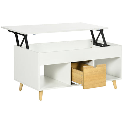 Rectangular coffee table with lift top, 1 drawer, 2 compartments, and chest - in light wood and white finish - dim. 100L x 50W x 49H cm
