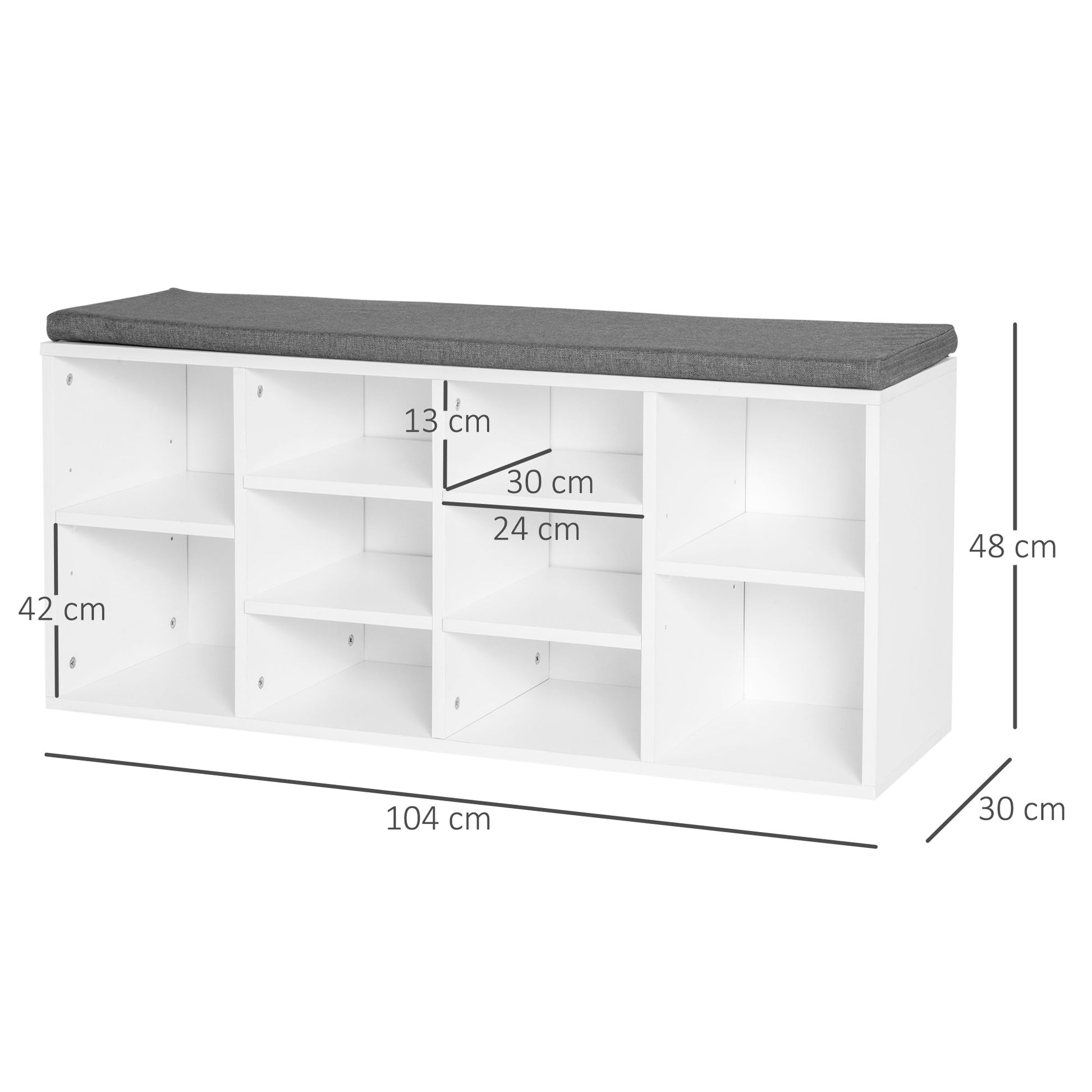 Shoe Rack Bench 8-10 Pairs of Shoes Adjustable Shelves, Particle Board, White, 104 x 30 x 48 cm