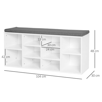Shoe Rack Bench 8-10 Pairs of Shoes Adjustable Shelves, Particle Board, White, 104 x 30 x 48 cm