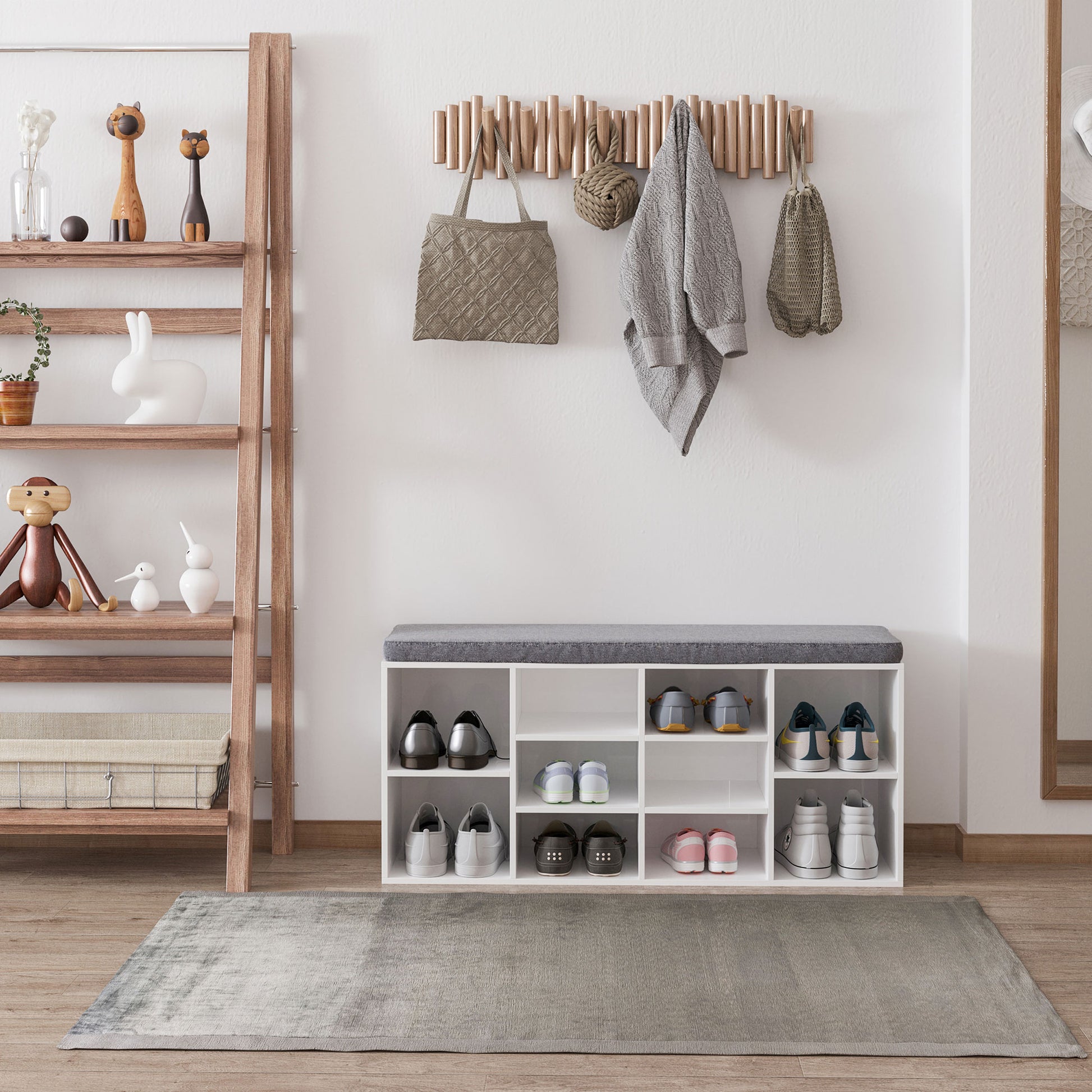Shoe Rack Bench 8-10 Pairs of Shoes Adjustable Shelves, Particle Board, White, 104 x 30 x 48 cm