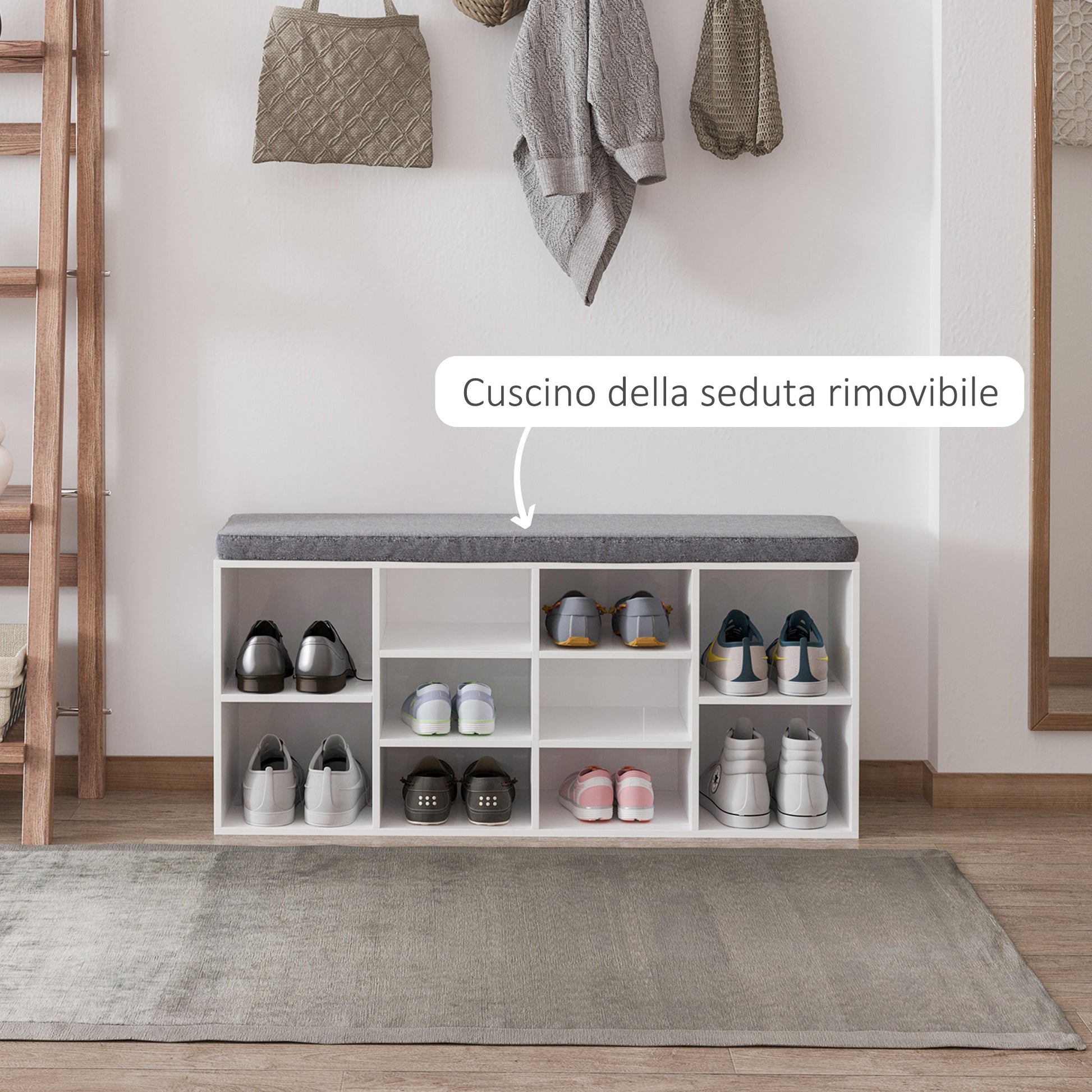 Shoe Rack Bench 8-10 Pairs of Shoes Adjustable Shelves, Particle Board, White, 104 x 30 x 48 cm