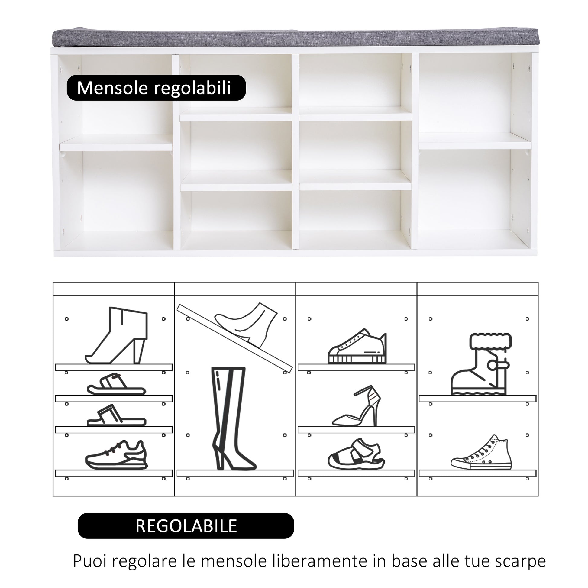 Shoe Rack Bench 8-10 Pairs of Shoes Adjustable Shelves, Particle Board, White, 104 x 30 x 48 cm
