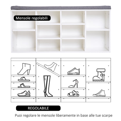 Shoe Rack Bench 8-10 Pairs of Shoes Adjustable Shelves, Particle Board, White, 104 x 30 x 48 cm