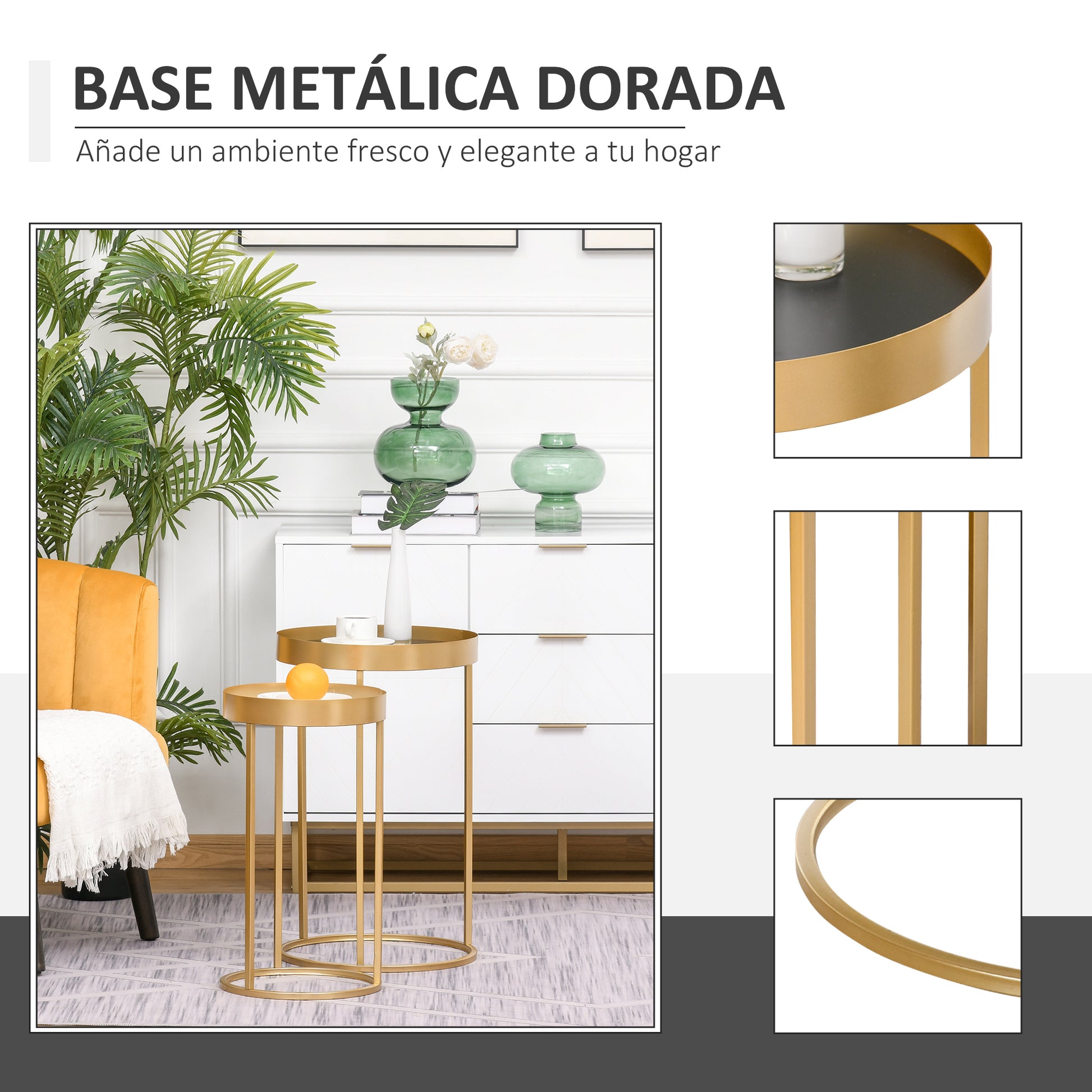 Set of 2 Modern Coffee Tables Stackable Set of 2 Center Tables Metal Structure Gold Living Room Ø39x63 cm and Ø30.8x56 cm Black and White Tabletop