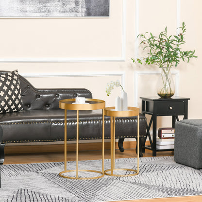 Set of 2 Modern Coffee Tables Stackable Set of 2 Center Tables Metal Structure Gold Living Room Ø39x63 cm and Ø30.8x56 cm Black and White Tabletop