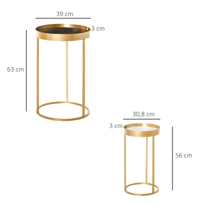 Set of 2 Modern Coffee Tables Stackable Set of 2 Center Tables Metal Structure Gold Living Room Ø39x63 cm and Ø30.8x56 cm Black and White Tabletop