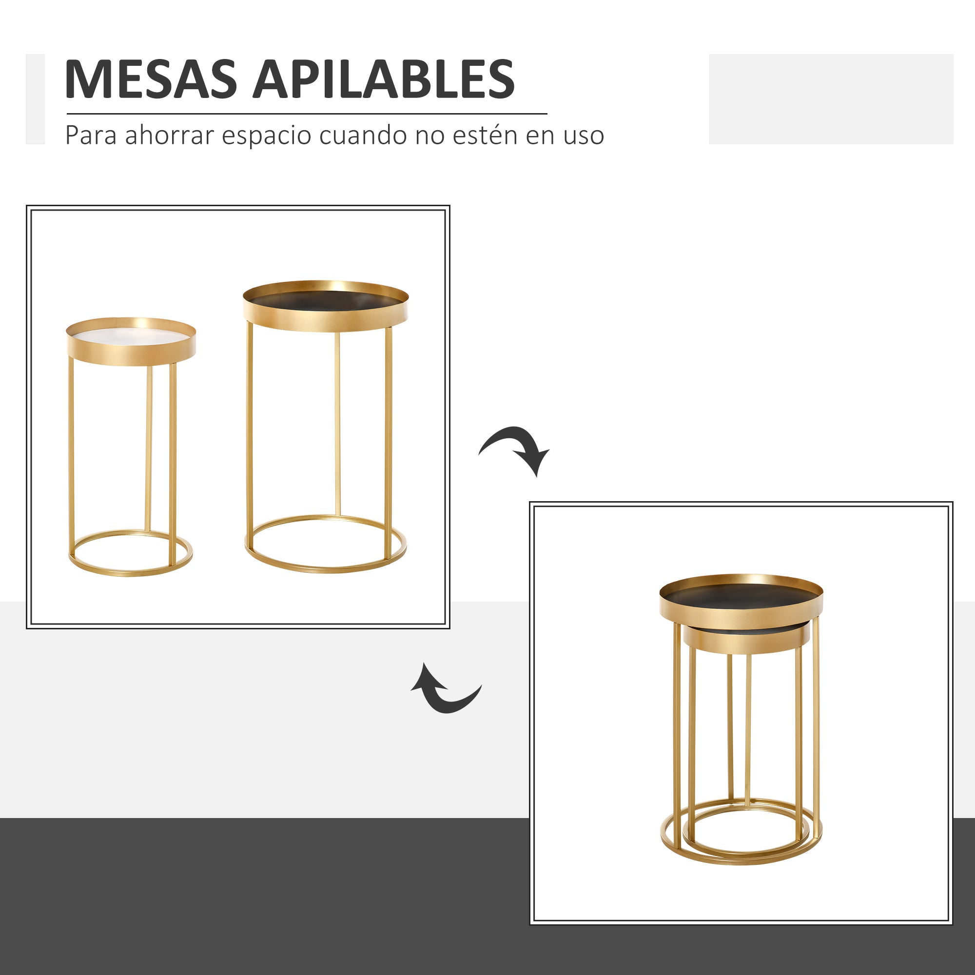 Set of 2 Modern Coffee Tables Stackable Set of 2 Center Tables Metal Structure Gold Living Room Ø39x63 cm and Ø30.8x56 cm Black and White Tabletop