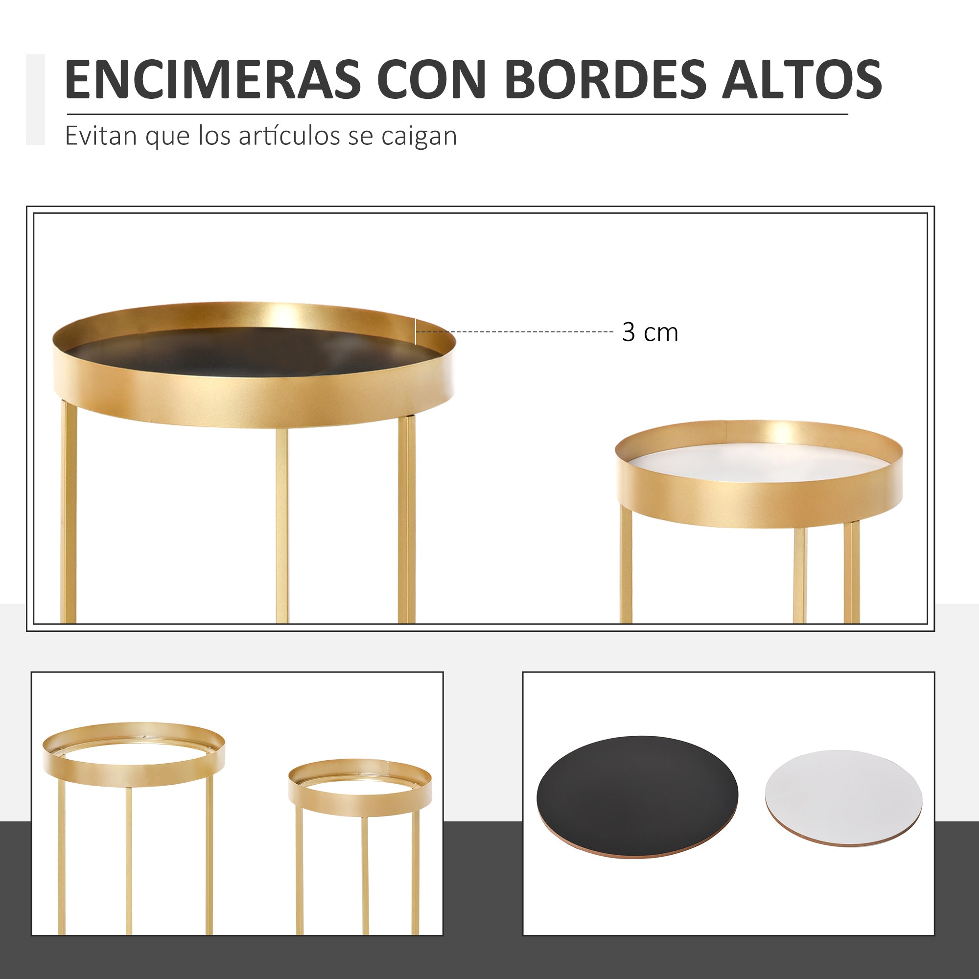 Set of 2 Modern Coffee Tables Stackable Set of 2 Center Tables Metal Structure Gold Living Room Ø39x63 cm and Ø30.8x56 cm Black and White Tabletop