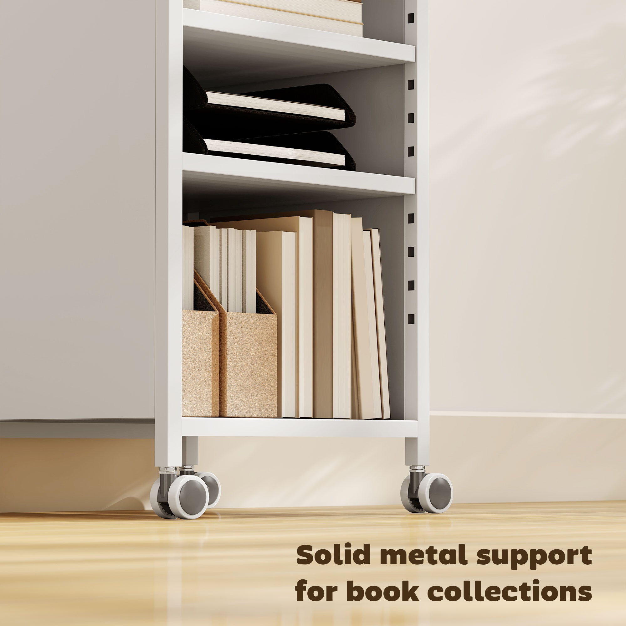 4-Tier Rolling Bookshelf with Top Basket & Adjustable Shelves, White