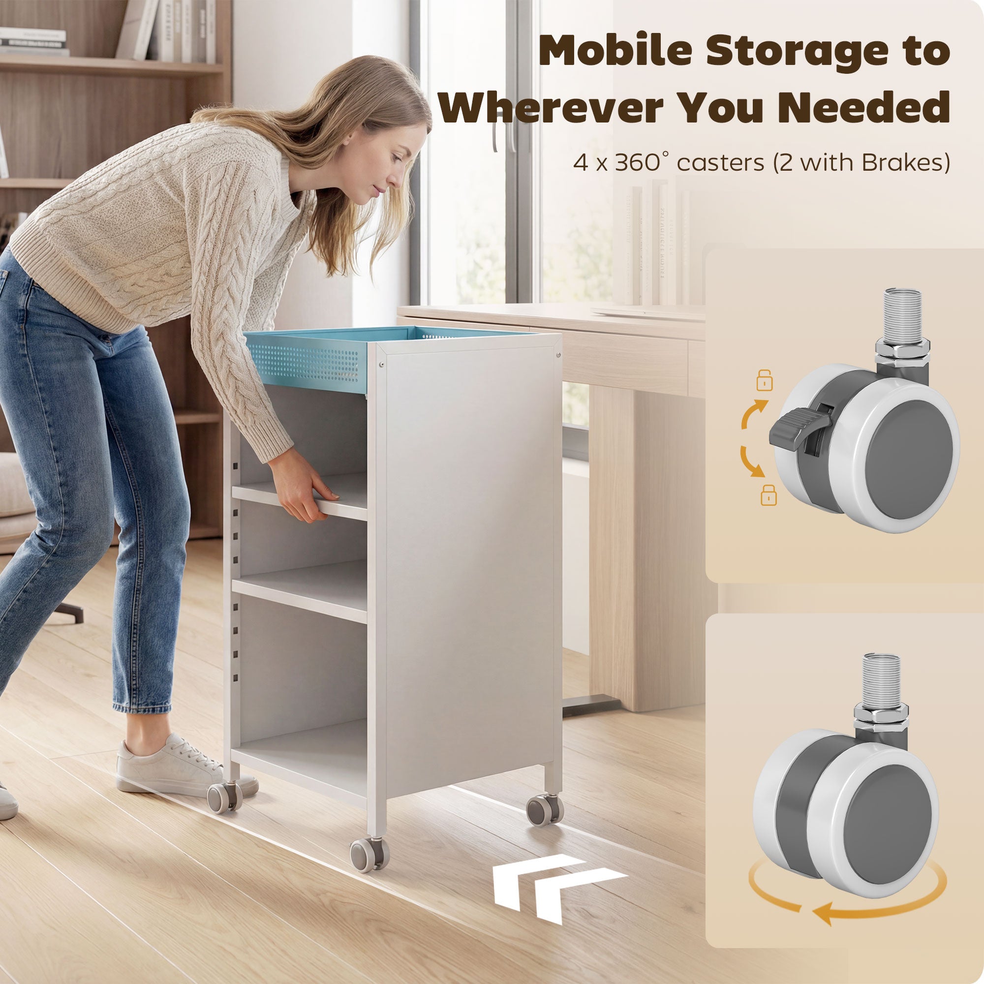 4-Tier Rolling Bookshelf with Top Basket & Adjustable Shelves, White