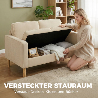 2-Seater Corduroy Loveseat with Under-Seat Storage & 2 Throw Pillows, Solid Wood Legs — Beige (46.1" x 24.8" x 31.1")