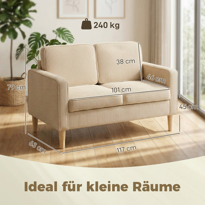 2-Seater Corduroy Loveseat with Under-Seat Storage & 2 Throw Pillows, Solid Wood Legs — Beige (46.1" x 24.8" x 31.1")
