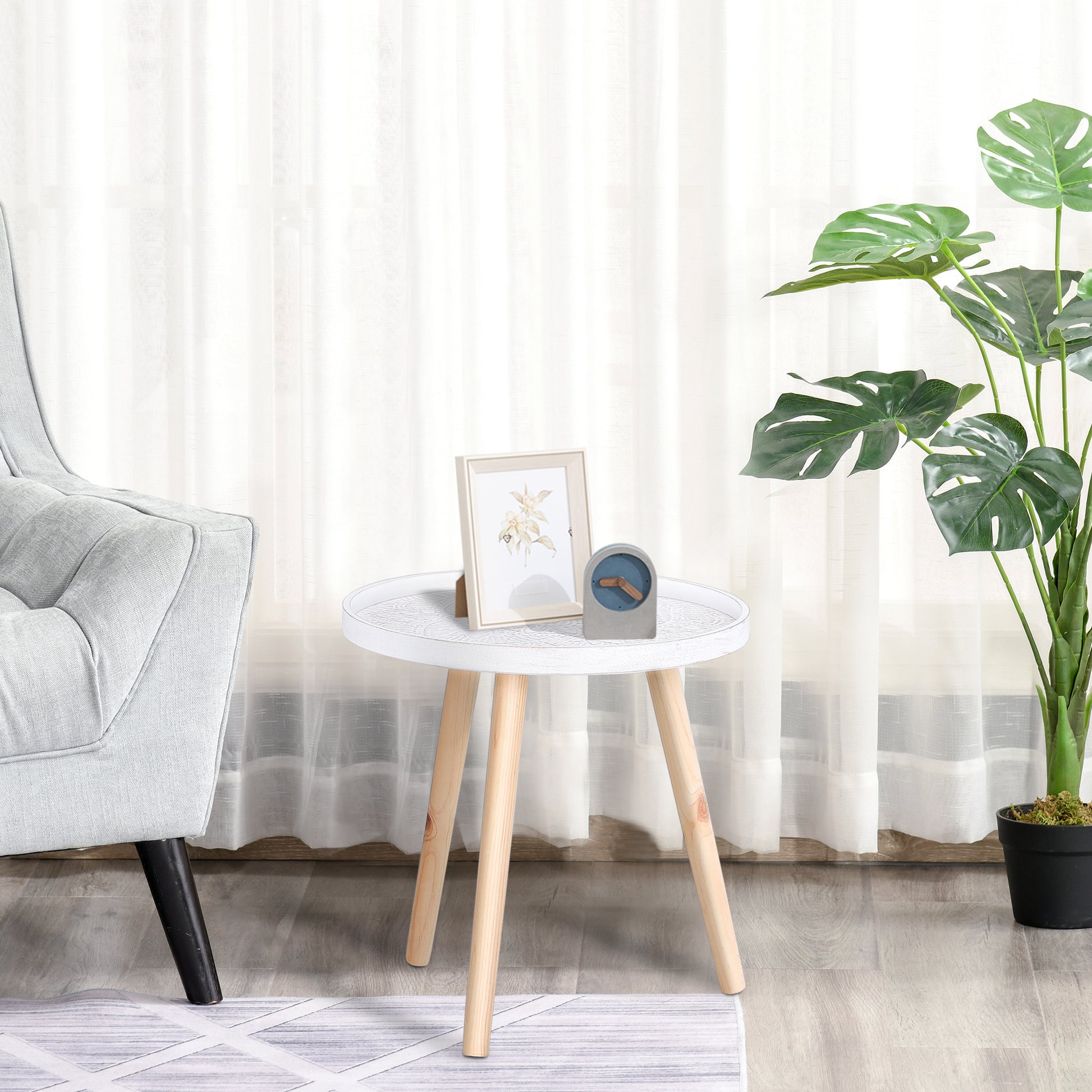 Modern Round Coffee Table, Coffee Table with Raised Edge and Three Legs, for Bedroom and Living Room, in White and Gold Wood