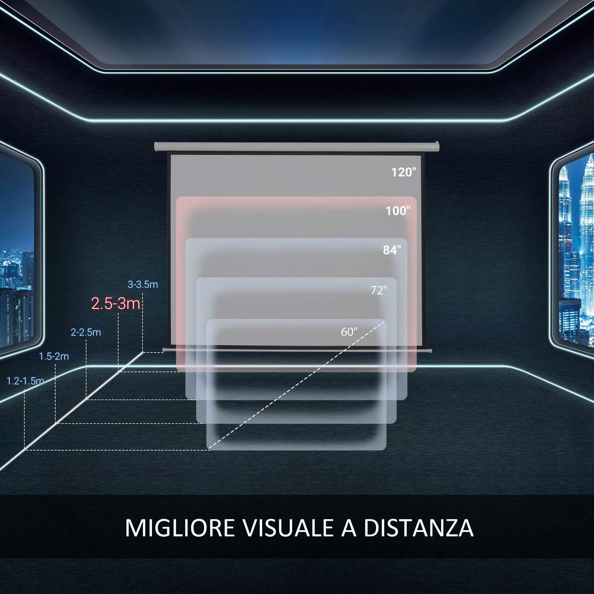 120" 4:3 Adjustable Height Projector Screen, Fabric and Metal Projection Screen, 251.8x183 cm, Black