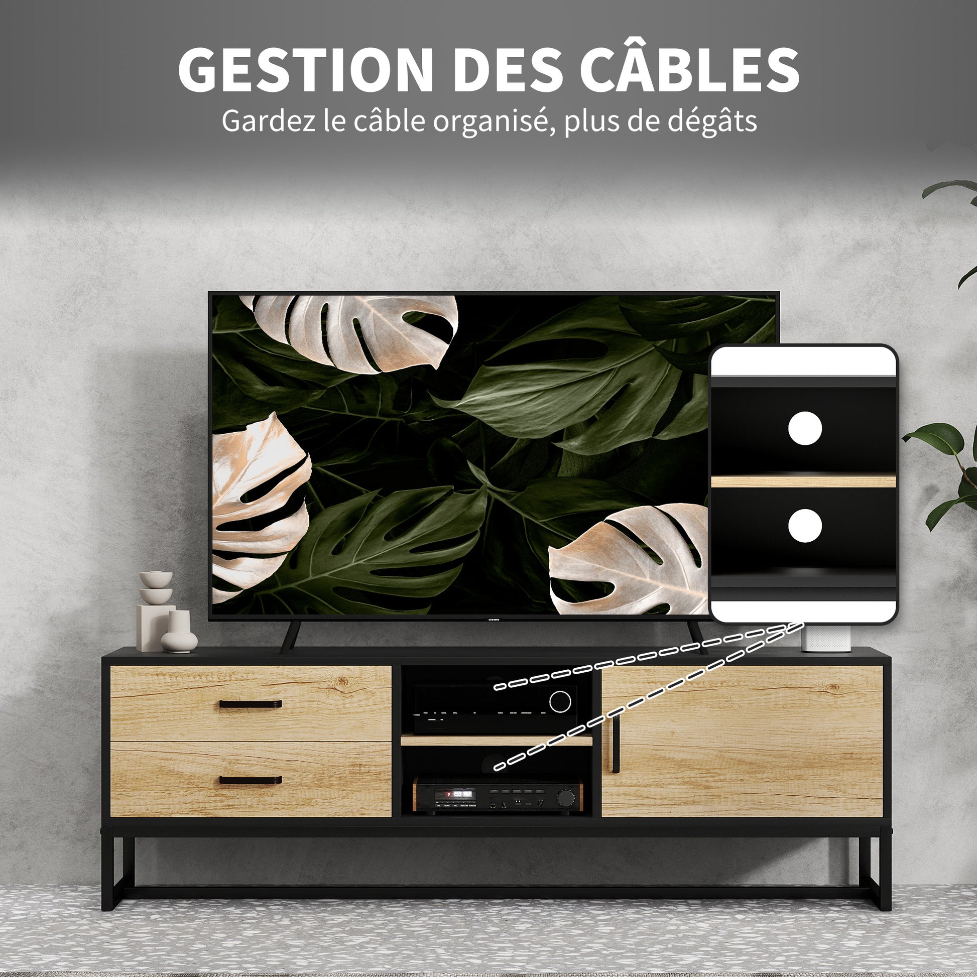 TV Stand TV Cabinet Wooden TV Stand for TVs up to 60 inches with Cabinet, Open Compartments, 2 Drawers, Adjustable Shelf, and Cable Management for Living Room Bedroom, Natural Wood