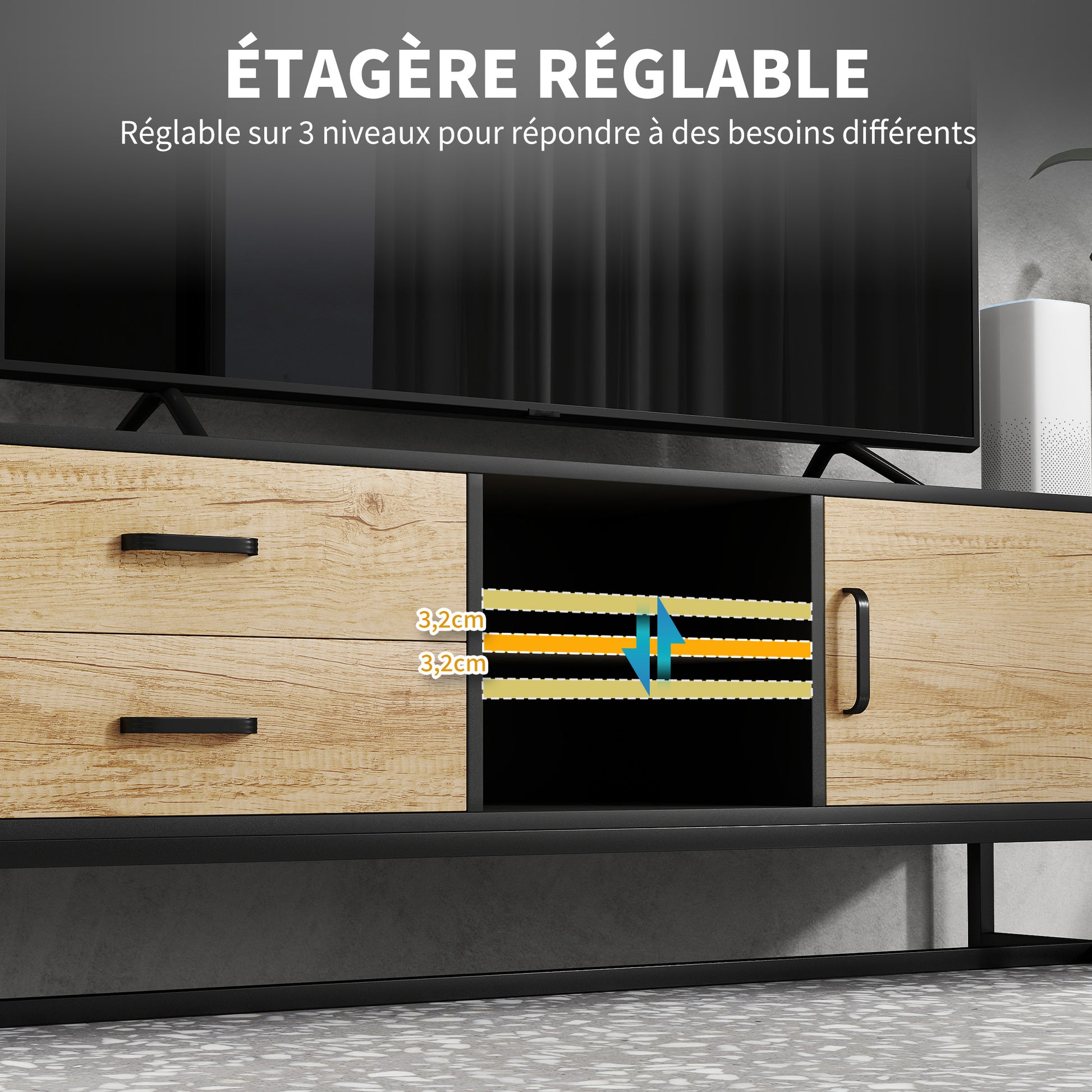TV Stand TV Cabinet Wooden TV Stand for TVs up to 60 inches with Cabinet, Open Compartments, 2 Drawers, Adjustable Shelf, and Cable Management for Living Room Bedroom, Natural Wood