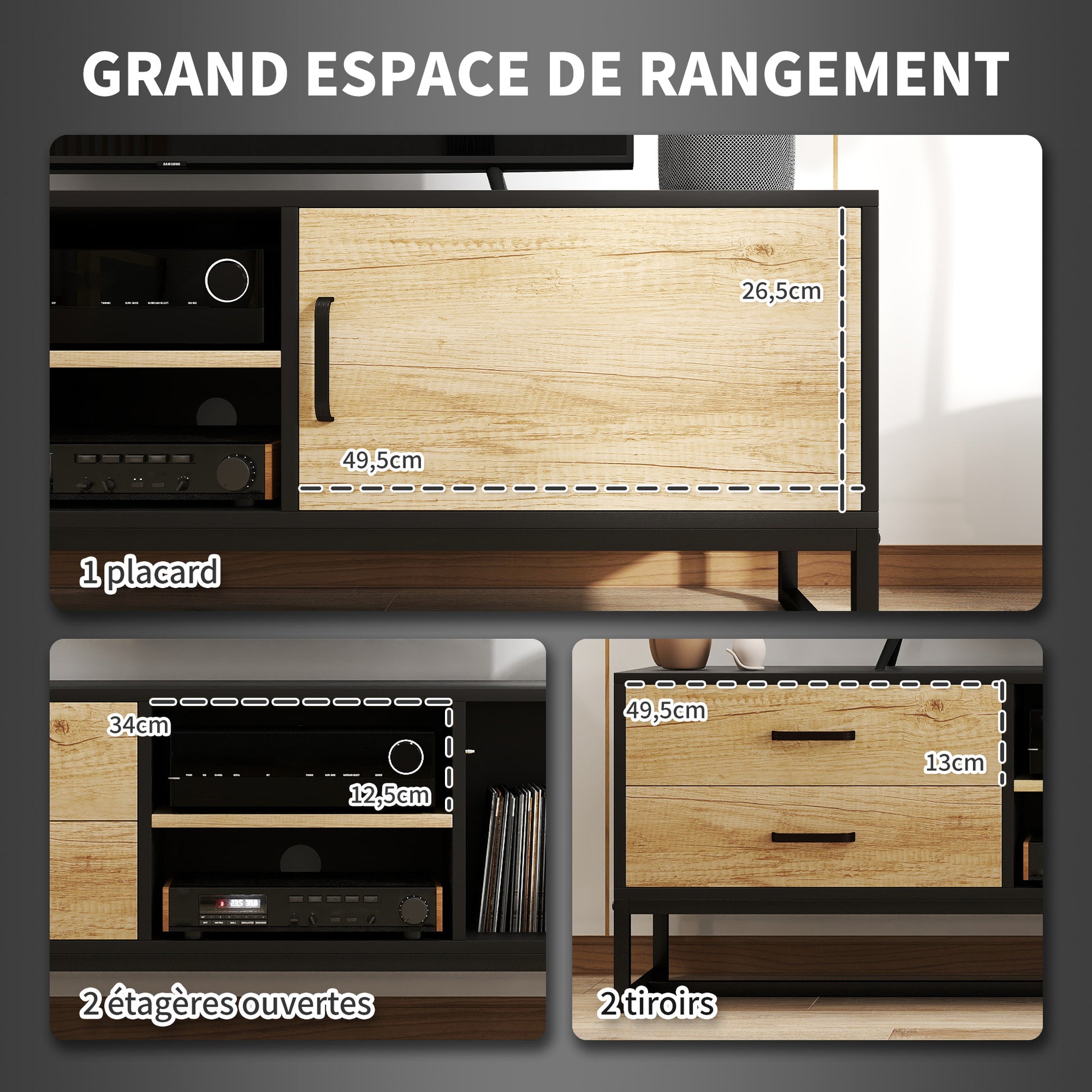TV Stand TV Cabinet Wooden TV Stand for TVs up to 60 inches with Cabinet, Open Compartments, 2 Drawers, Adjustable Shelf, and Cable Management for Living Room Bedroom, Natural Wood