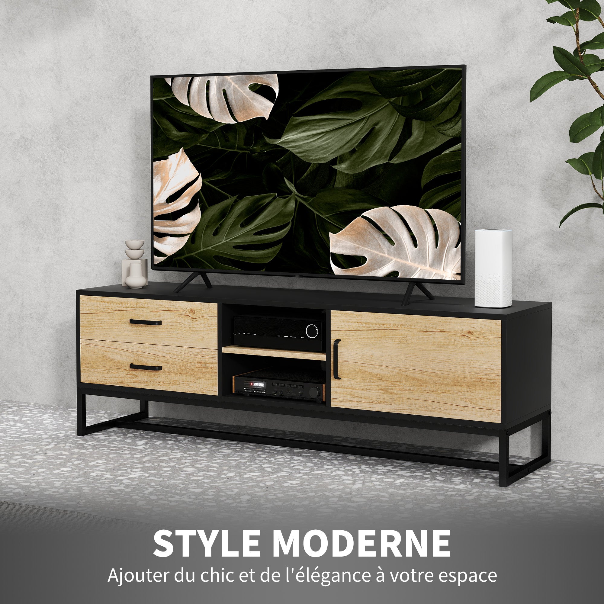 TV Stand TV Cabinet Wooden TV Stand for TVs up to 60 inches with Cabinet, Open Compartments, 2 Drawers, Adjustable Shelf, and Cable Management for Living Room Bedroom, Natural Wood