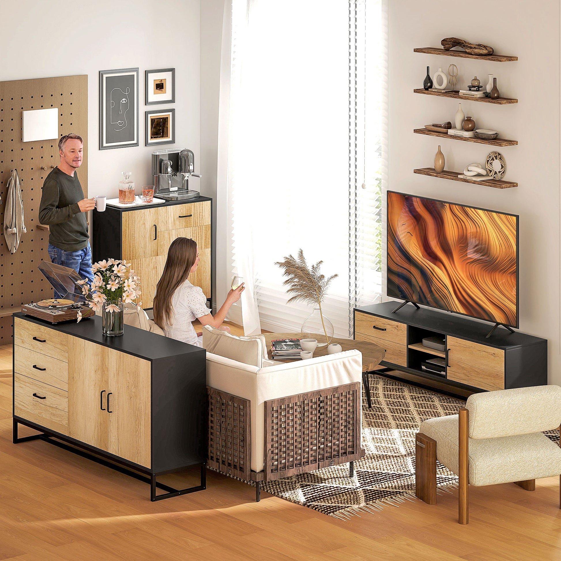 TV Stand TV Cabinet Wooden TV Stand for TVs up to 60 inches with Cabinet, Open Compartments, 2 Drawers, Adjustable Shelf, and Cable Management for Living Room Bedroom, Natural Wood
