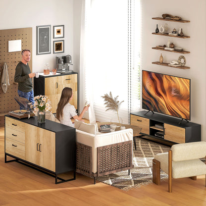 TV Stand TV Cabinet Wooden TV Stand for TVs up to 60 inches with Cabinet, Open Compartments, 2 Drawers, Adjustable Shelf, and Cable Management for Living Room Bedroom, Natural Wood