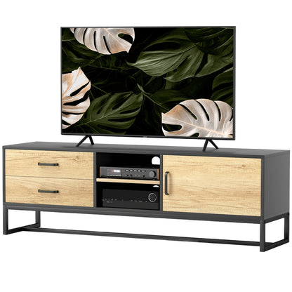 TV Stand TV Cabinet Wooden TV Stand for TVs up to 60 inches with Cabinet, Open Compartments, 2 Drawers, Adjustable Shelf, and Cable Management for Living Room Bedroom, Natural Wood