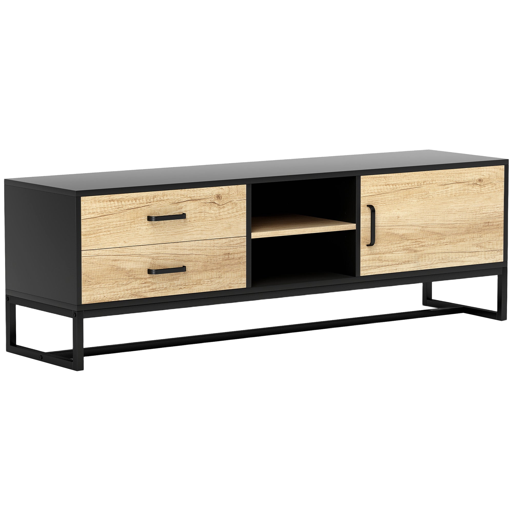 TV Stand TV Cabinet Wooden TV Stand for TVs up to 60 inches with Cabinet, Open Compartments, 2 Drawers, Adjustable Shelf, and Cable Management for Living Room Bedroom, Natural Wood