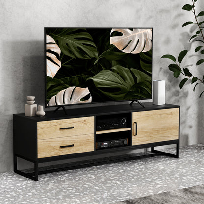 TV Stand TV Cabinet Wooden TV Stand for TVs up to 60 inches with Cabinet, Open Compartments, 2 Drawers, Adjustable Shelf, and Cable Management for Living Room Bedroom, Natural Wood