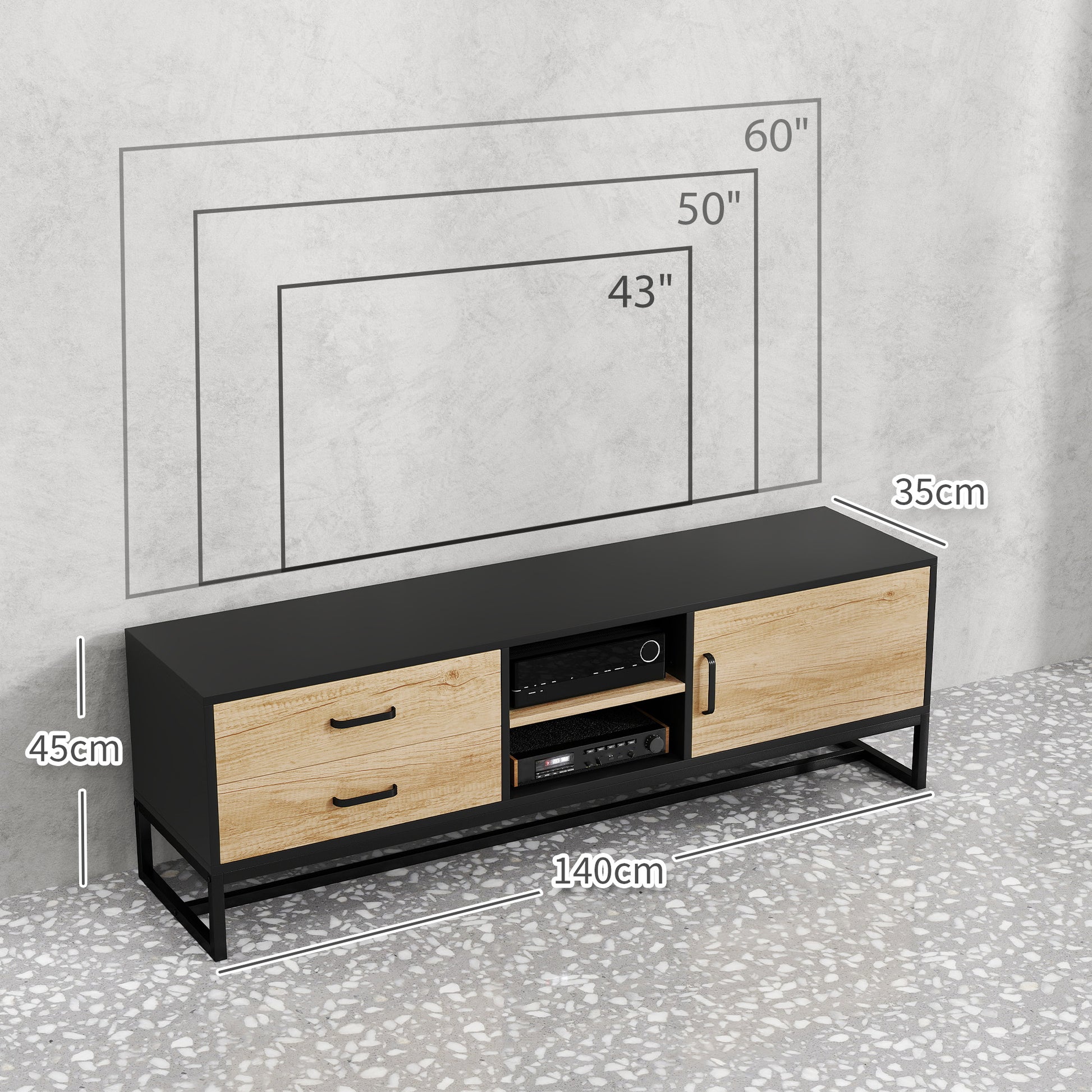 TV Stand TV Cabinet Wooden TV Stand for TVs up to 60 inches with Cabinet, Open Compartments, 2 Drawers, Adjustable Shelf, and Cable Management for Living Room Bedroom, Natural Wood