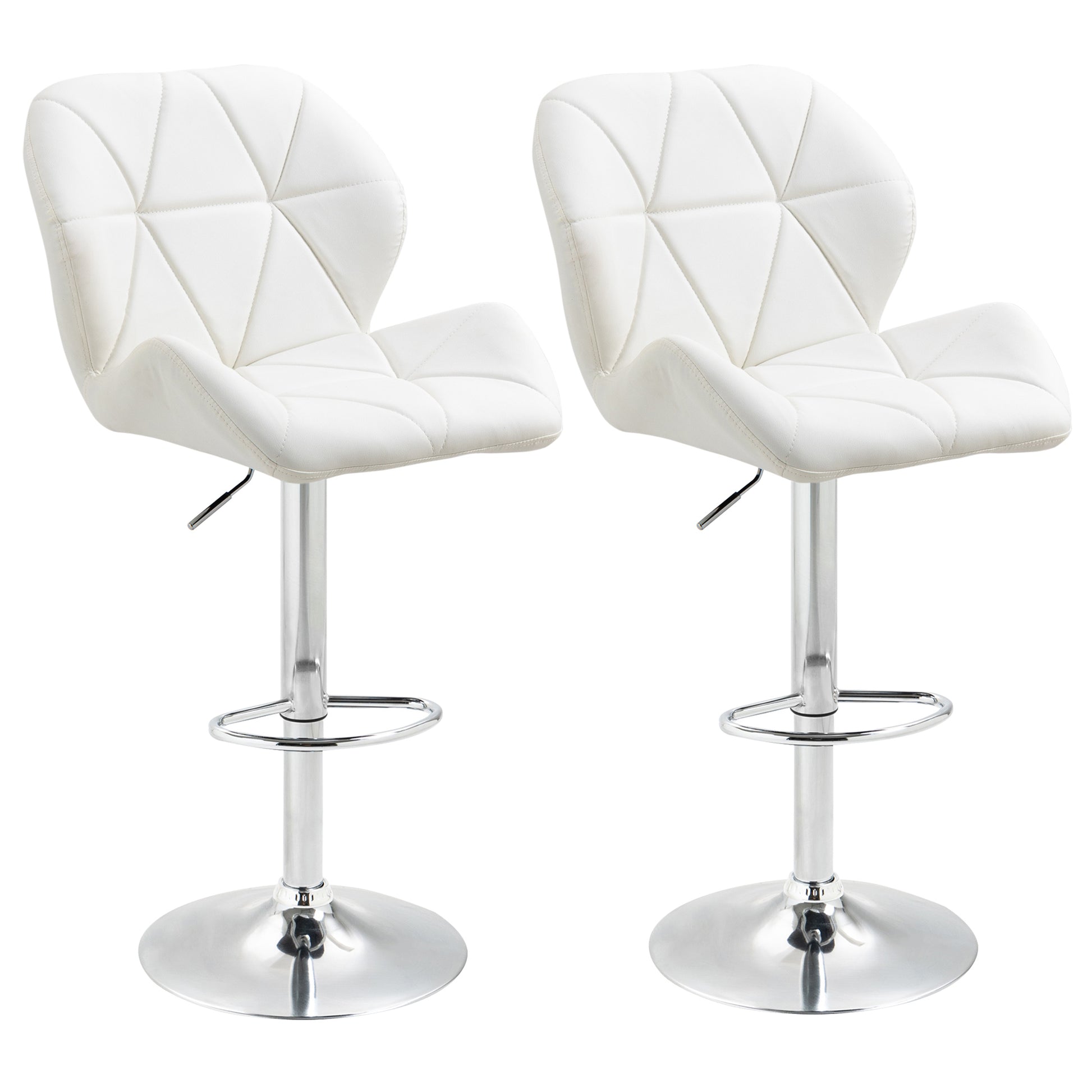 Set of 2 Bar Stools with Adjustable Height, Metal Base and PU Leather Seat, Stools with Backrest and Footrest, 51.5x57.5x93-114.5cm, White