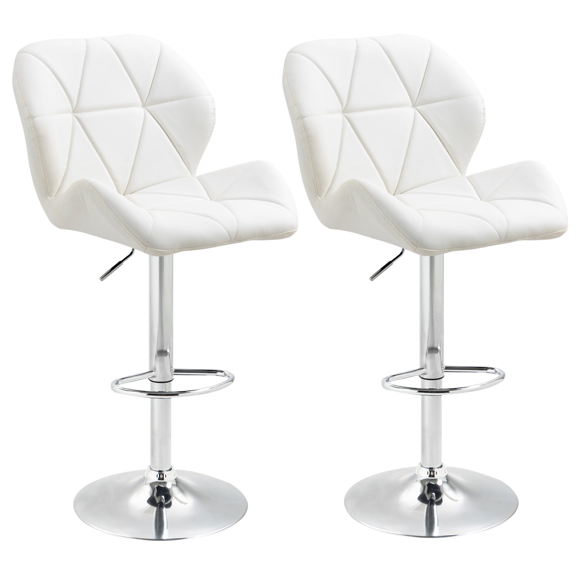 Set of 2 Bar Stools with Adjustable Height, Metal Base and PU Leather Seat, Stools with Backrest and Footrest, 51.5x57.5x93-114.5cm, White