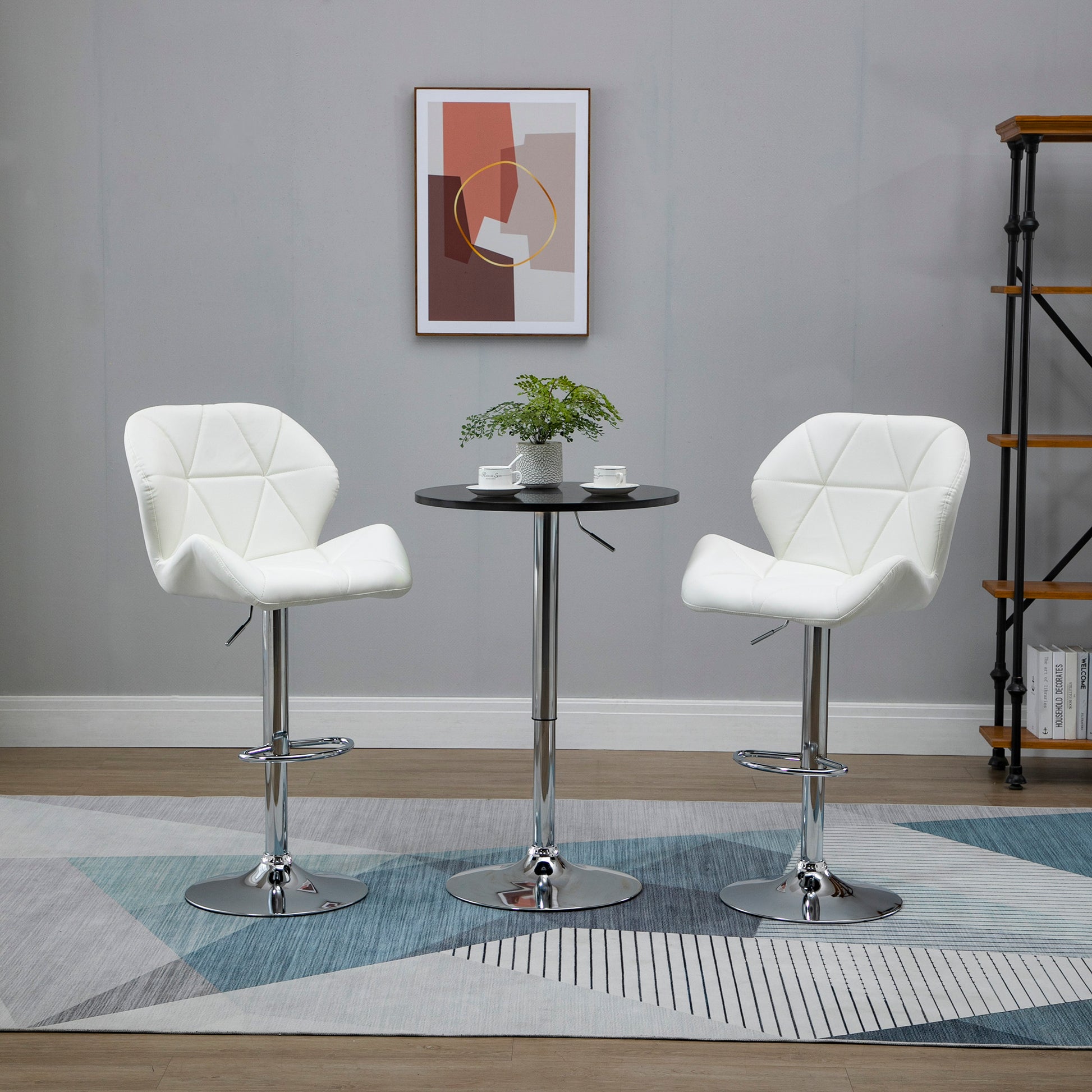 Set of 2 Bar Stools with Adjustable Height, Metal Base and PU Leather Seat, Stools with Backrest and Footrest, 51.5x57.5x93-114.5cm, White