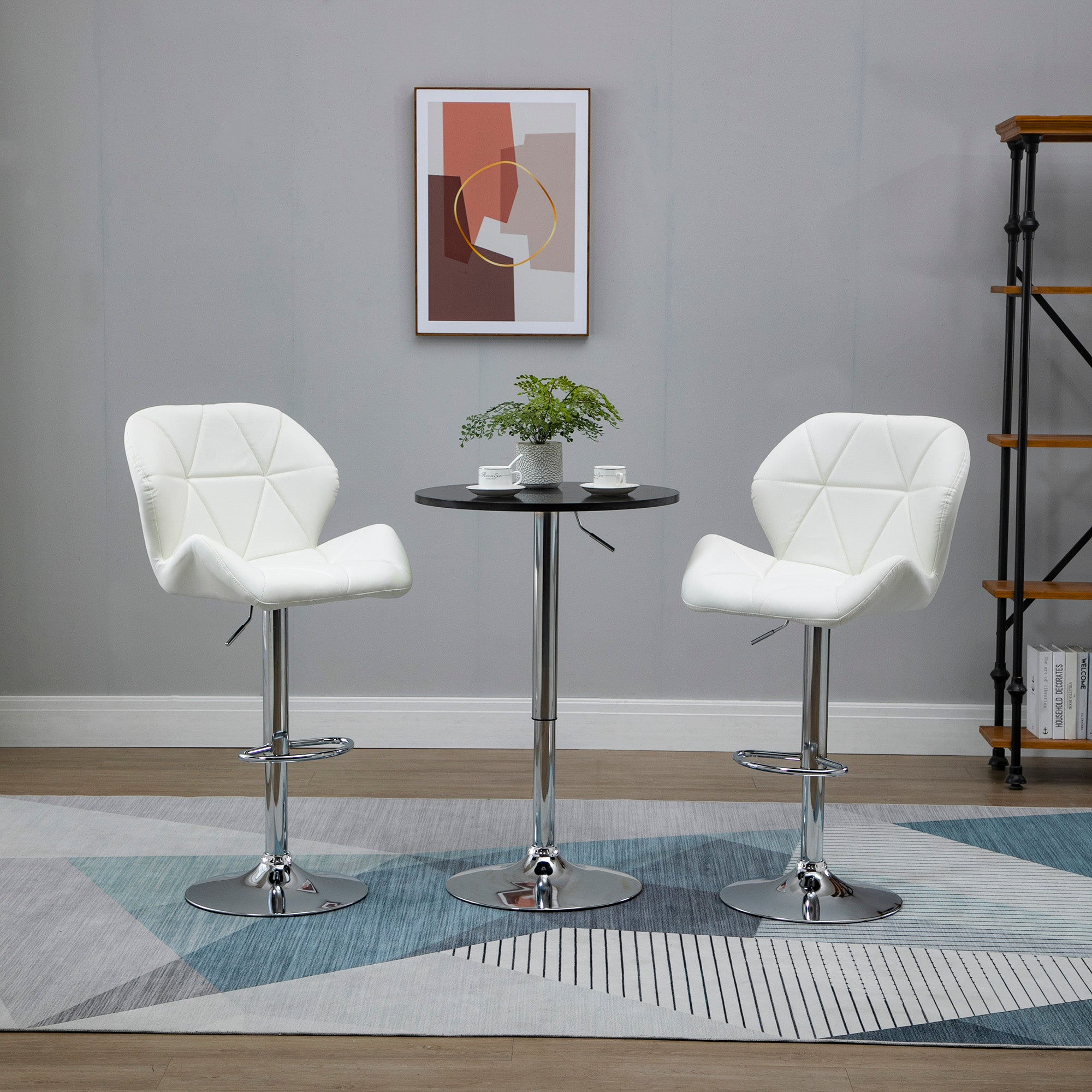 Set of 2 Bar Stools with Adjustable Height, Metal Base and PU Leather Seat, Stools with Backrest and Footrest, 51.5x57.5x93-114.5cm, White