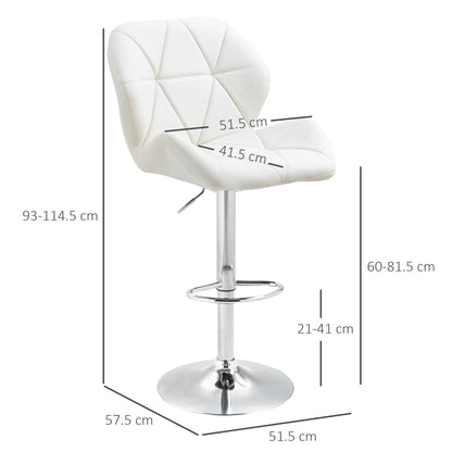 Set of 2 Bar Stools with Adjustable Height, Metal Base and PU Leather Seat, Stools with Backrest and Footrest, 51.5x57.5x93-114.5cm, White