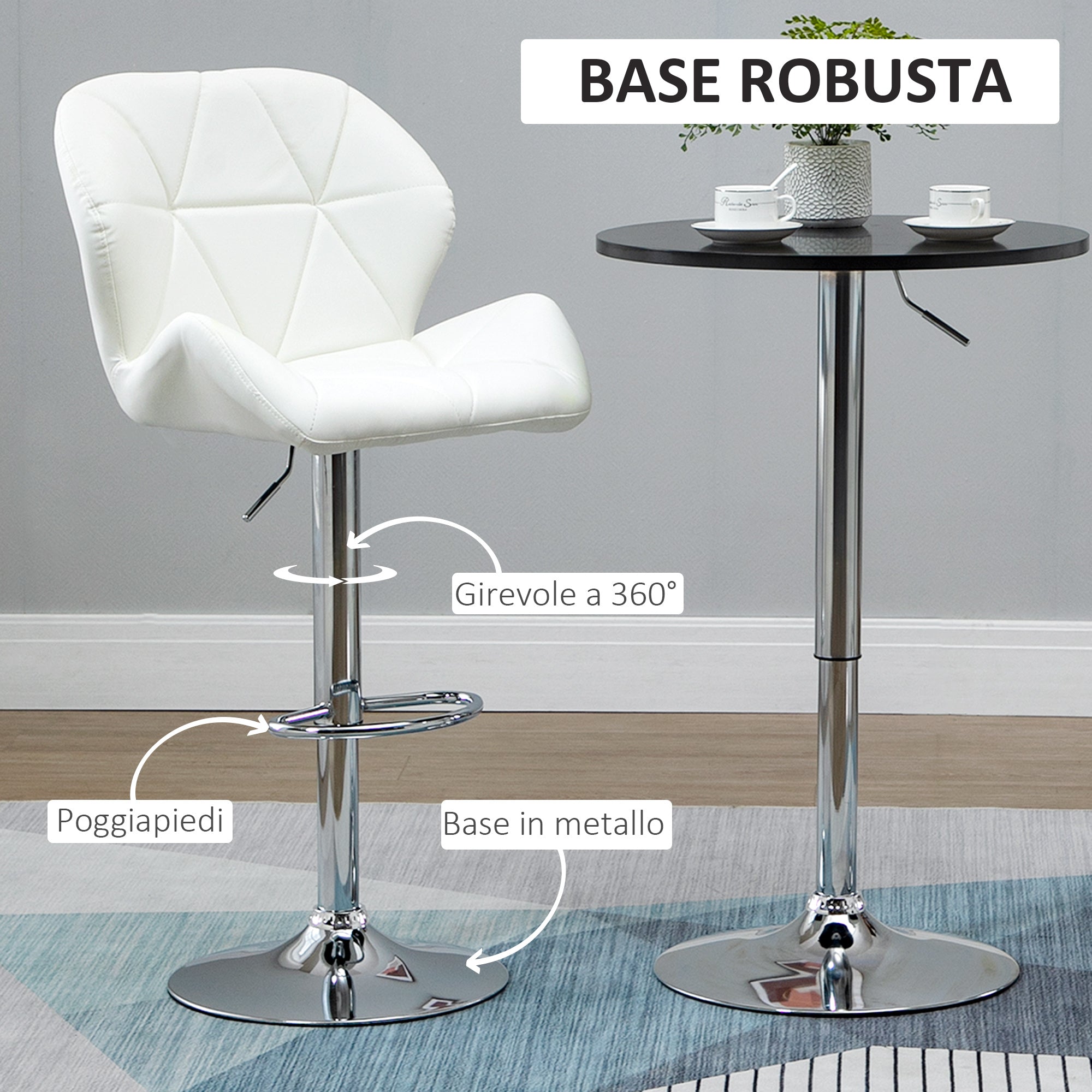 Set of 2 Bar Stools with Adjustable Height, Metal Base and PU Leather Seat, Stools with Backrest and Footrest, 51.5x57.5x93-114.5cm, White