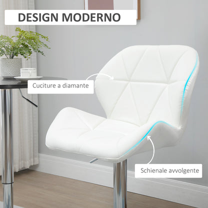 Set of 2 Bar Stools with Adjustable Height, Metal Base and PU Leather Seat, Stools with Backrest and Footrest, 51.5x57.5x93-114.5cm, White