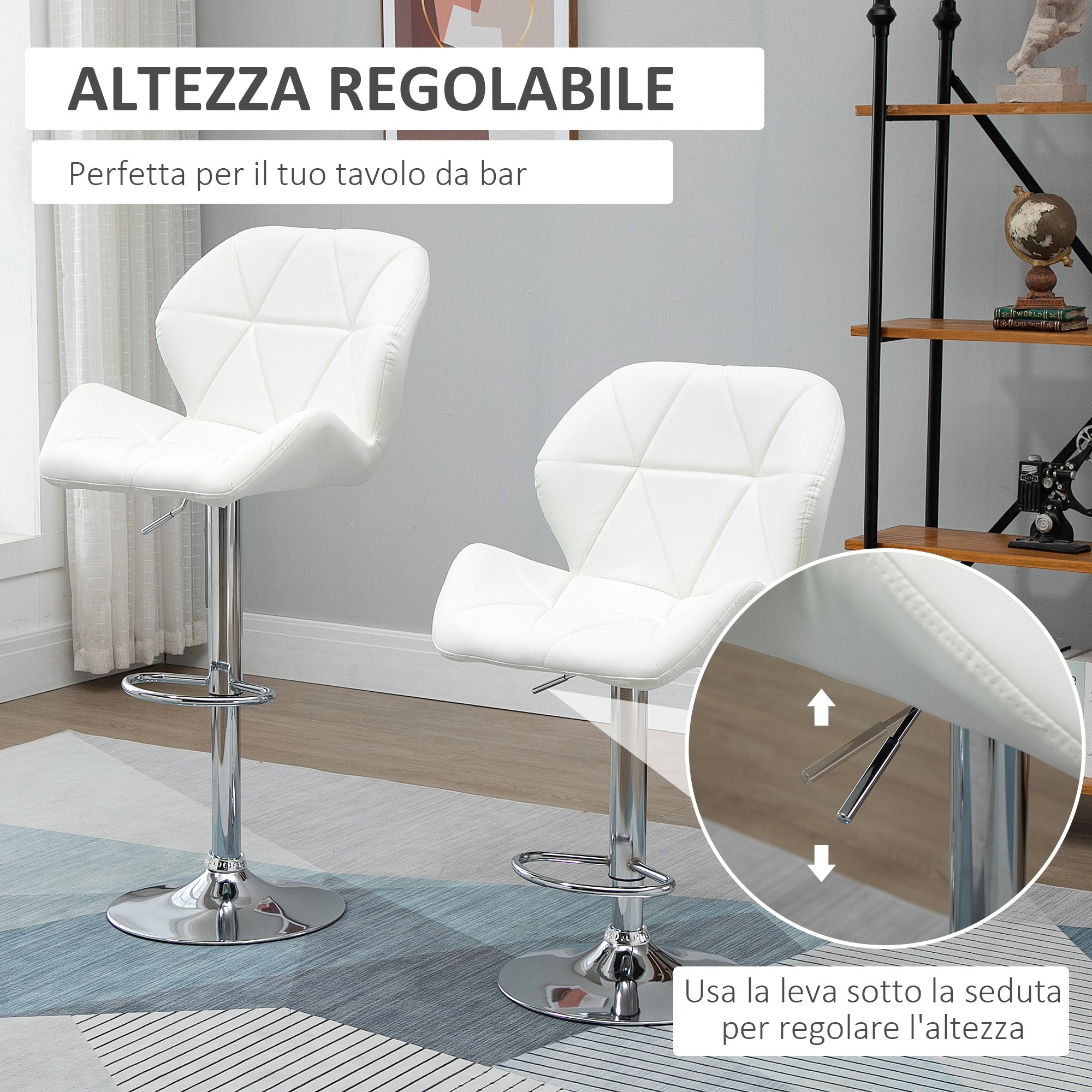 Set of 2 Bar Stools with Adjustable Height, Metal Base and PU Leather Seat, Stools with Backrest and Footrest, 51.5x57.5x93-114.5cm, White