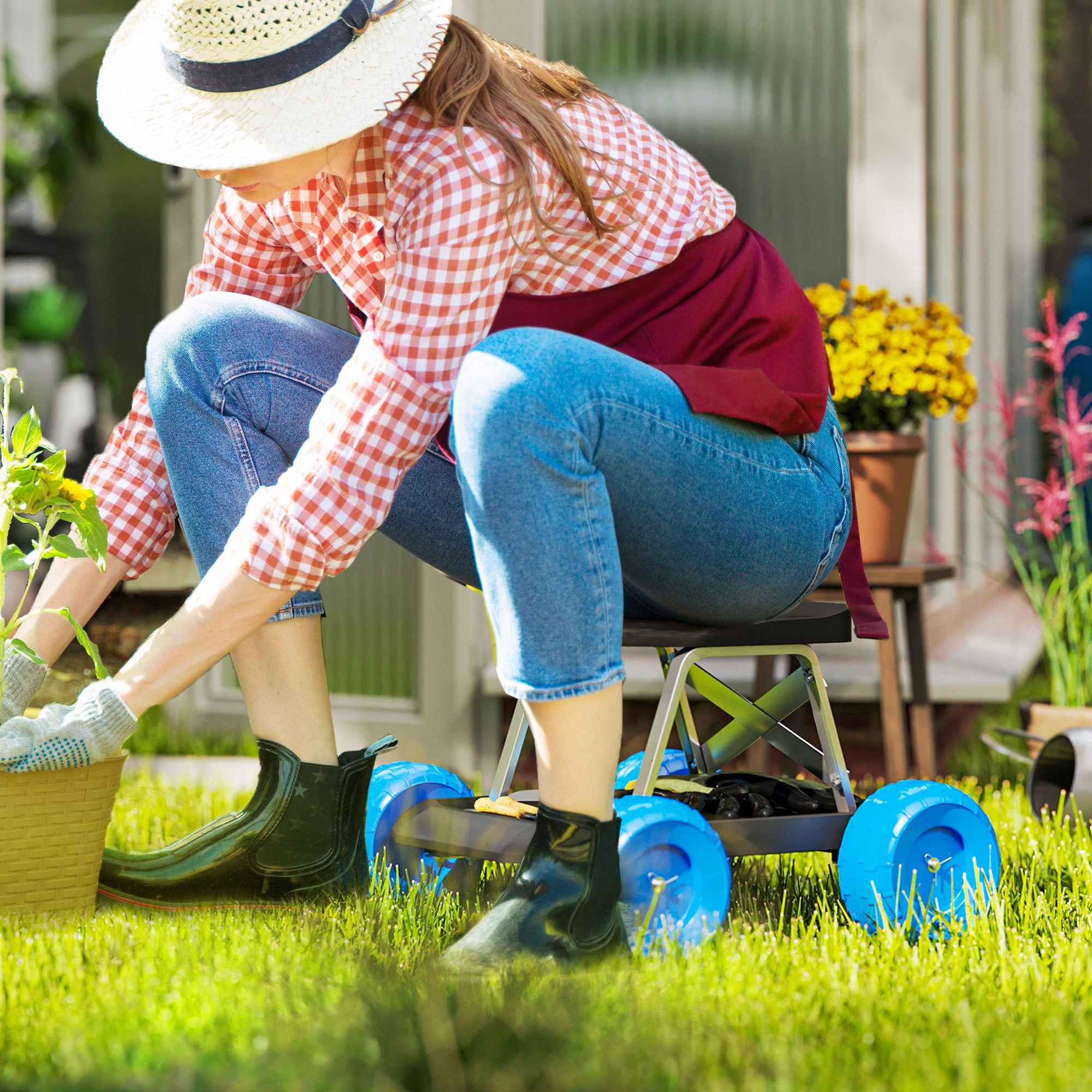 Garden Stool on Wheels Gardening Tool Tray Cart with Seat for Weeding, Planting, 50 x 49 x 32 cm Blue