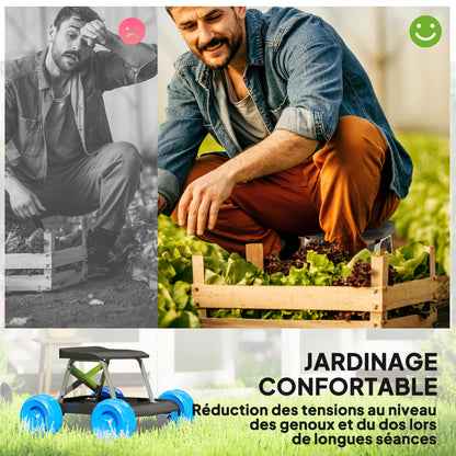 Garden Stool on Wheels Gardening Tool Tray Cart with Seat for Weeding, Planting, 50 x 49 x 32 cm Blue